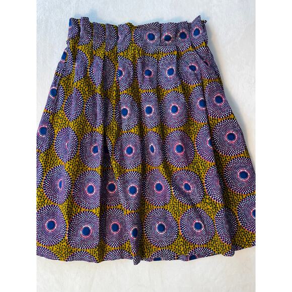 Anthropologie Pleated Skirt Ankara Print Paperbag Waist Yellow Blue L - Picture 2 of 9